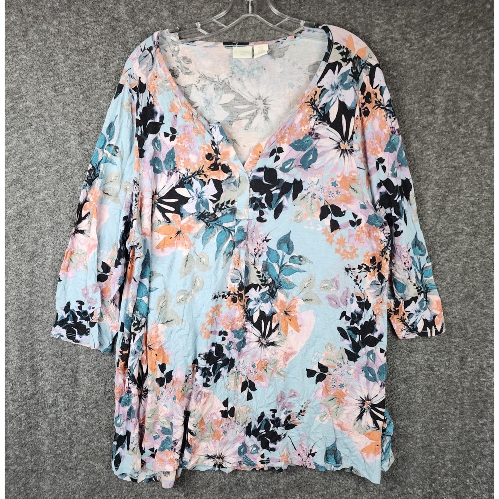 St. Tropez West Tunic Top Womens 2X‎ Blue Floral 3/4 Sleeve Split Neck